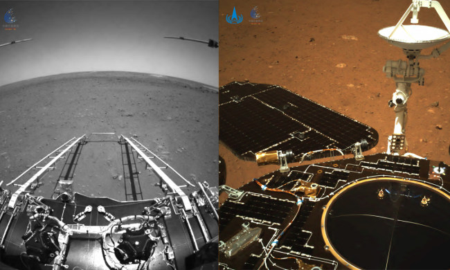 Čínský rover Zhuron posílá z Marsu černobílé fotografie. Photos: CNSA